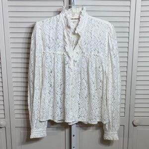V.DE.Vinster Cream Lace Ruffle Button-Front Blouse Medium